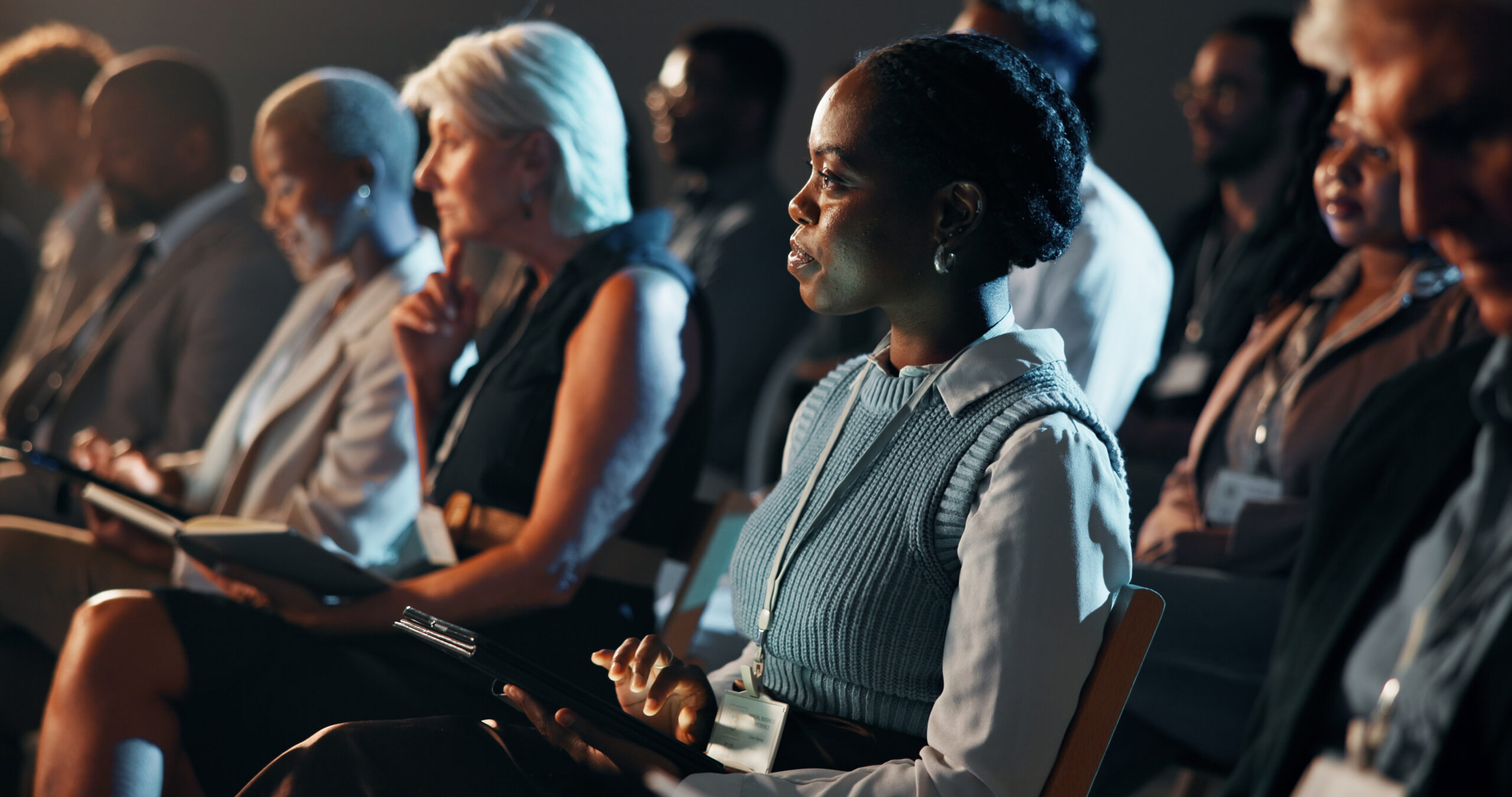 business-people-audience-woman-with-tablet-conference-career-development-listening-diversity-finance-expo-group-digital-notes-international-event-skills-workshop-seminar